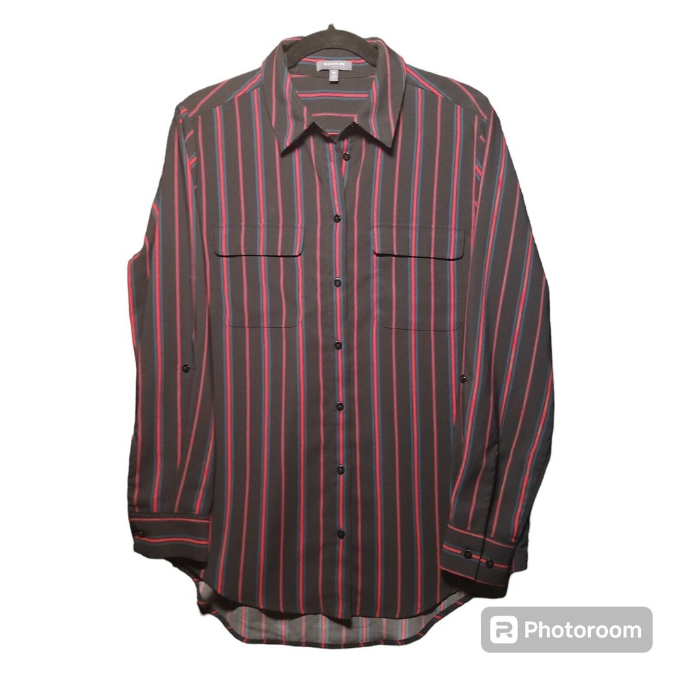 Madison Black & Red Striped Print Long Sleeve Dress Shirt‎ Women's Size Medium
